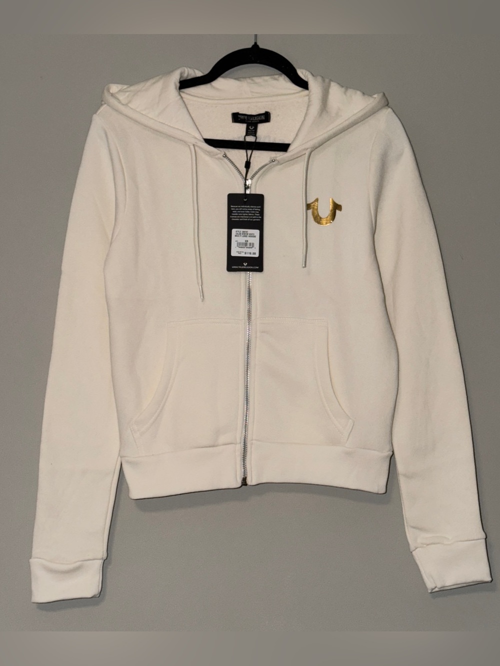 True Religion white zip up hoodie with gold logo size XS